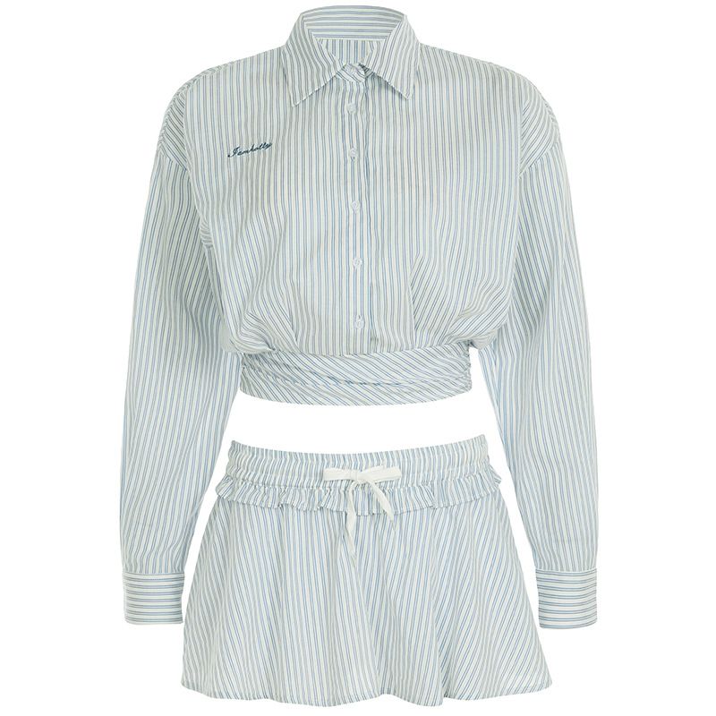 Ensemble chemise rayée décontractée à manches longues et jupe trapèze taille haute nouée pour femme, tenue deux pièces d'automne, style streetwear_voghion.com
