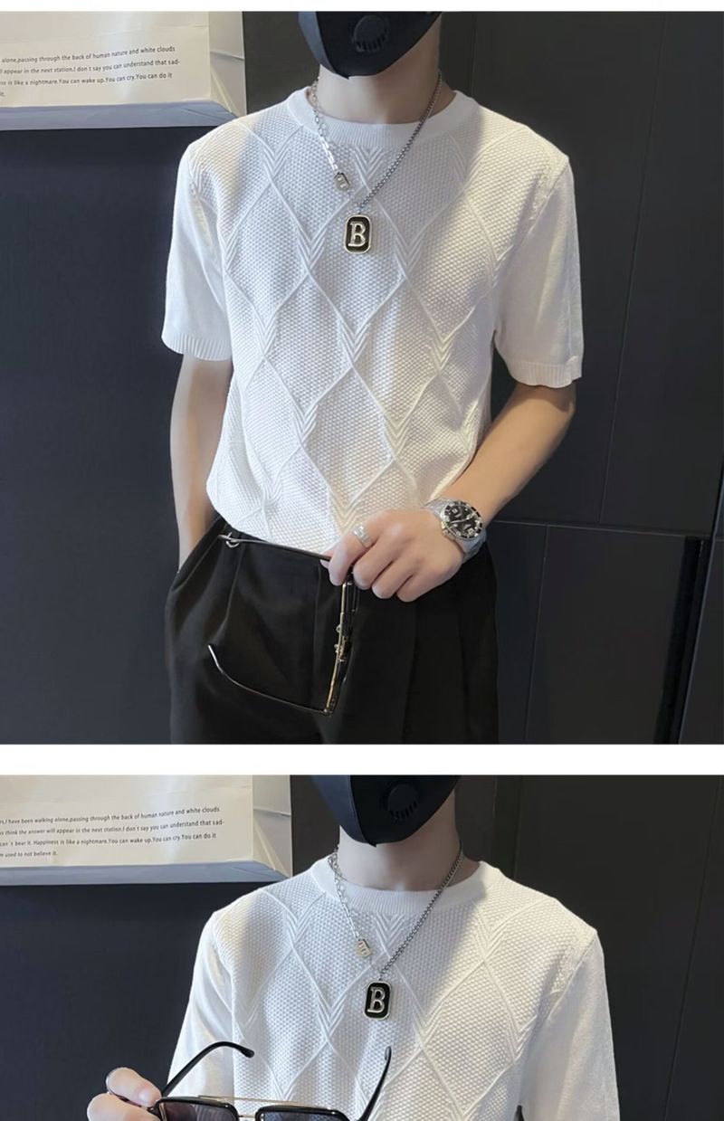 Camiseta de manga curta de seda gelada para o verão, suéter de malha fino da marca da moda, corte slim, elástico e respirável_voghion.com