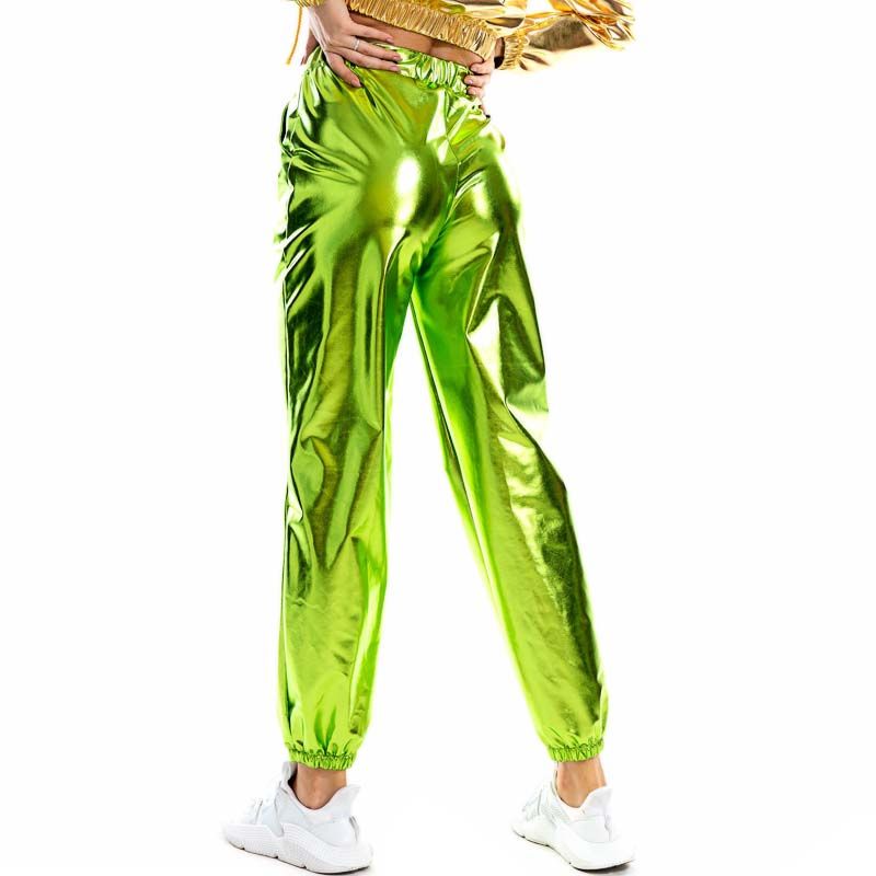 Heißer verkauf Glänzend Holographische Frauen Lose Hohe Taille Metallic Hosen Dance Performance Hip Hop Hosen Streetwear Jogger_voghion.com
