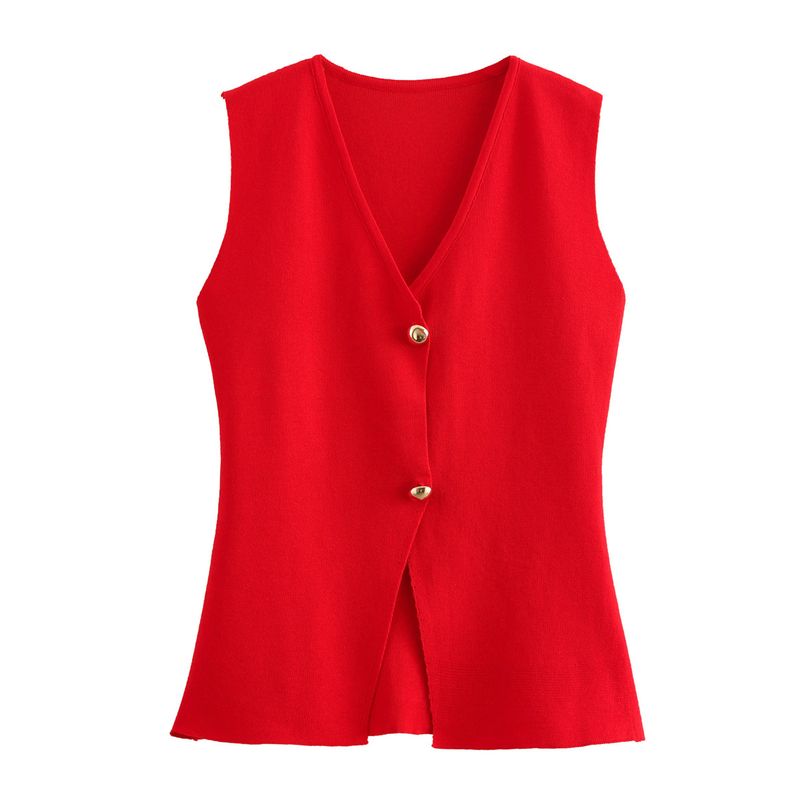 Débardeur tricoté à boutons dorés pour femme, nouvelle mode automne 2024 w063 2038_voghion.com
