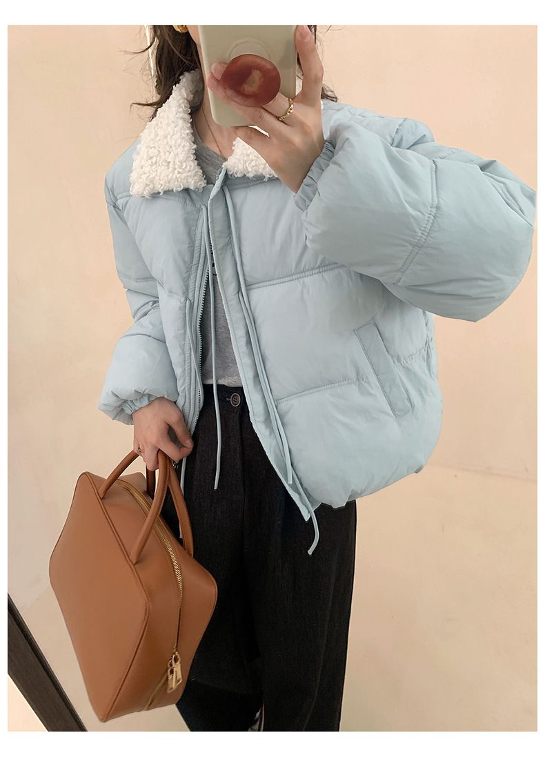 Cropped Sherpa-Lined Puffer Jacket – Korean Streetwear Belted Coat (4 Soft-Toned Colors, Lightweight Quilted Polyester)_voghion.com