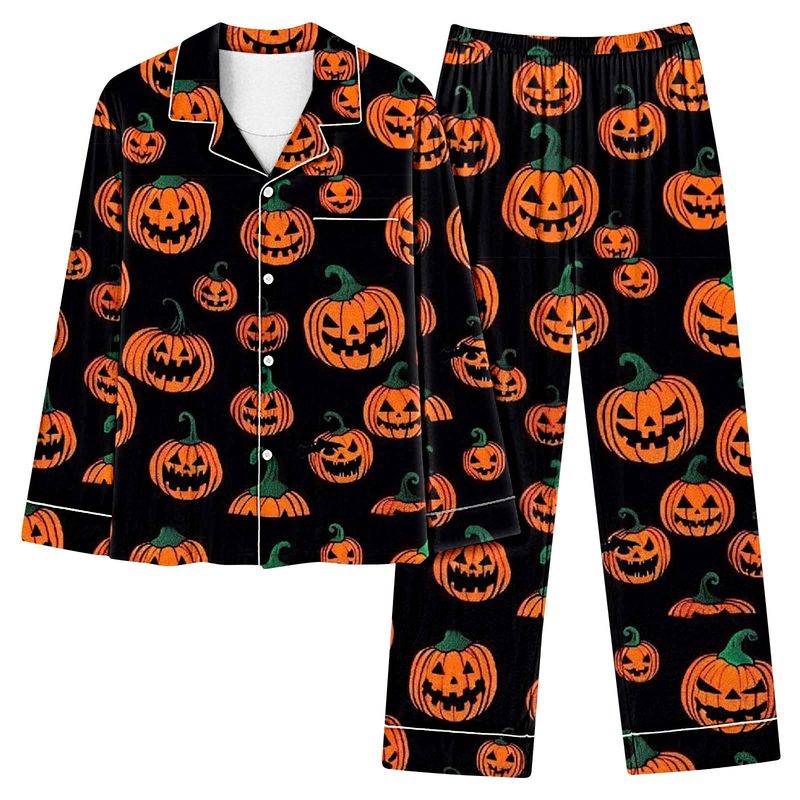 Individuelles Halloween-Pyjama-Set für Damen – Langarm-Button-Down-Oberteil und Lounge-Hose (atmungsaktives Polyester, leicht, XS-4XL, Heim- und Nachtwäsche)_voghion.com