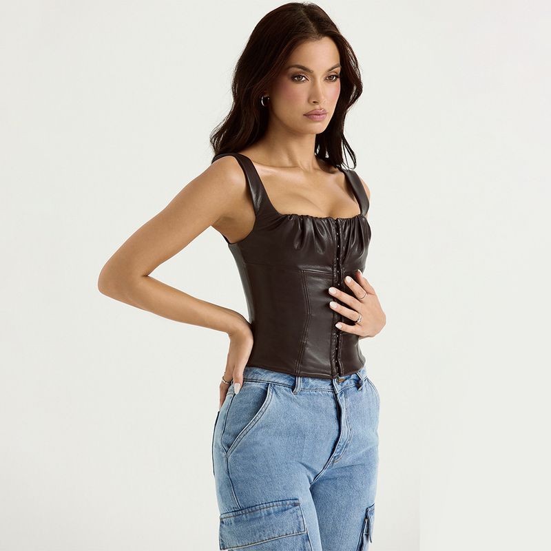 Abito da donna in pelle PU gilet sexy allacciato alla caviglia, top corto a spina di pesce con cavezza cava sottile_voghion.com