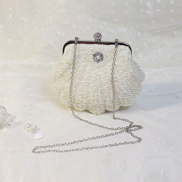 Pochette de soirée en coquillage perlé fait main pour femme, pochette de banquet en perles beiges_voghion.com