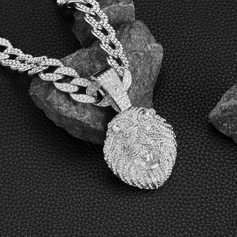 Cool Full Dia Personality Three Dimensional Lion Head Pendant Cuban Necklace Street Hip Hop Style_voghion.com