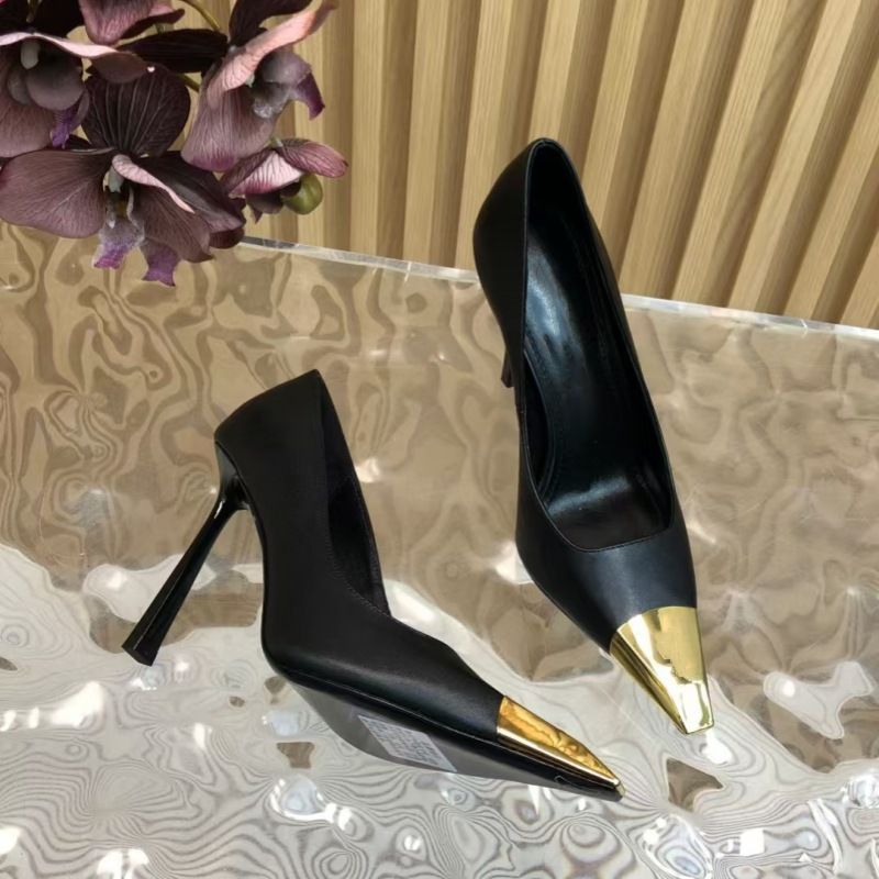 High End Black Patent Leather Metal Toe High Heels For Women 2024 New Slim Heel Pointed Shallow Mouth Single Shoe Sexy_voghion.com