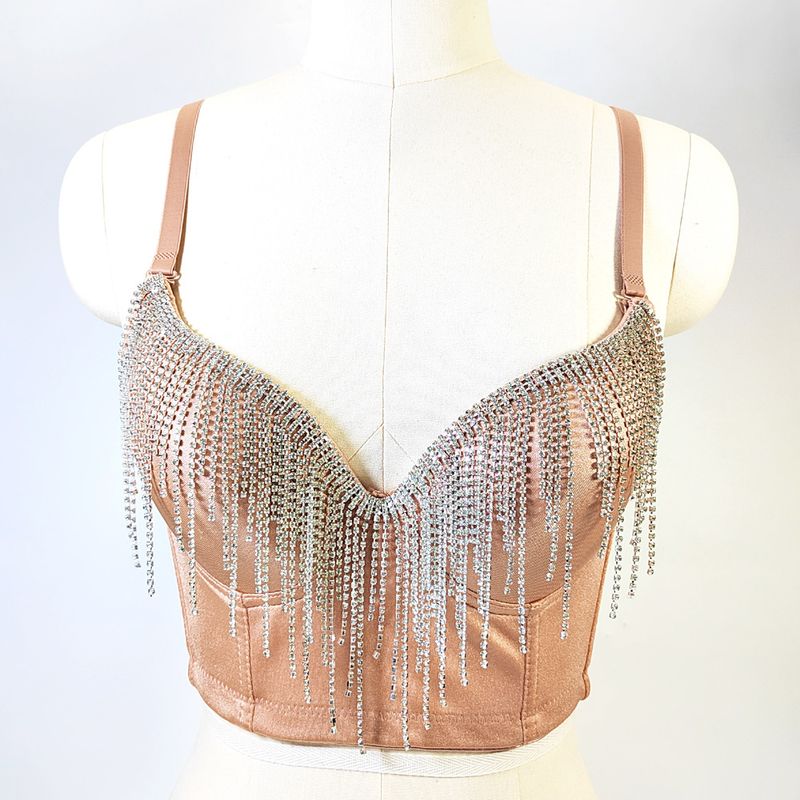 European and American cross-border source factory flash diamond tassel beaded tube top outer wear short nightclub Carnival bra_voghion.com