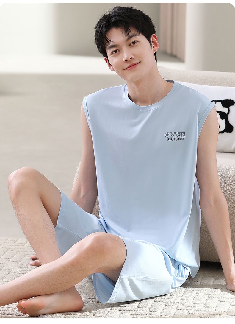 Men's Summer Modal Cotton Vest Set, Sleeveless Home Clothes Can Be Worn Outside, Plus Size Loose Home Two-piece Set-XXL_voghion.com