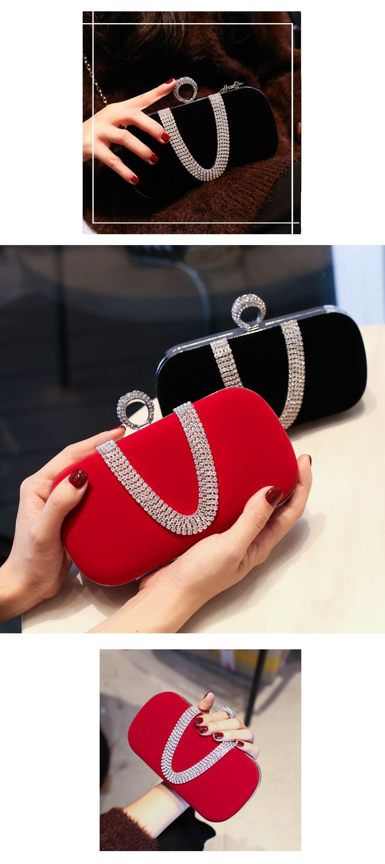 Borsa da pranzo in flanella con diamanti, borsa da banchetto in velluto nero, borsa cheongsam di alta qualità._voghion.com