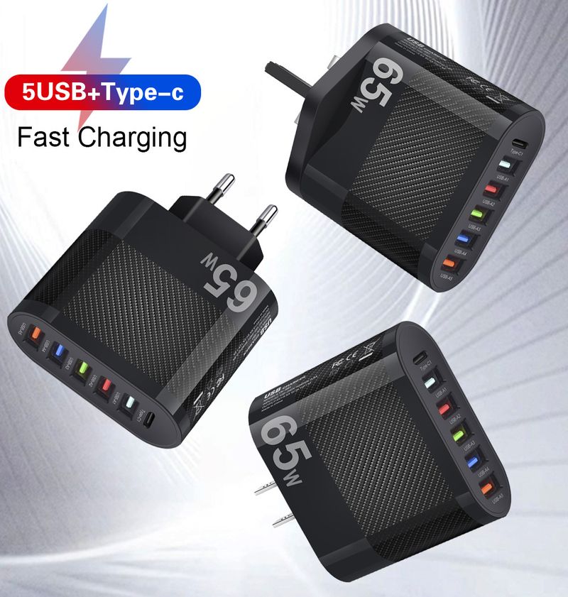 Cargador móvil tipo C de 5 puertos USB para festivales de música, cabezal de carga de viaje de 6 puertos, enchufe en inglés y coreano._voghion.com