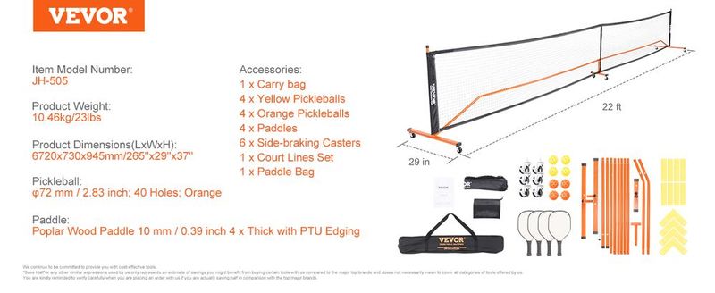 VEVOR Pickleball Net Set, 22FT Regulation Size Portable Pickleball System With Bags, Balls, Paddles, Wheels, And Court Lines, Weather Resistant Metal Frame & PE Net, For Outdoor Backyard Driveway_voghion.com