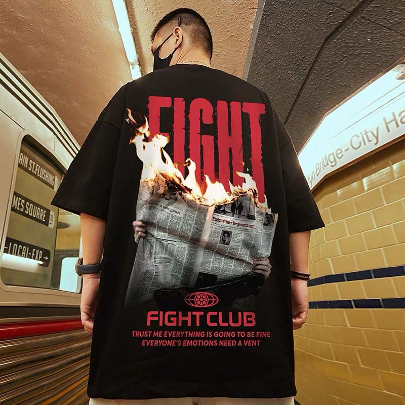 C&J erkekler ve kadınlar için büyük boy bol yarım kollu tişörtler hip-hop bf trend baskı kısa kollu ins moda_voghion.com