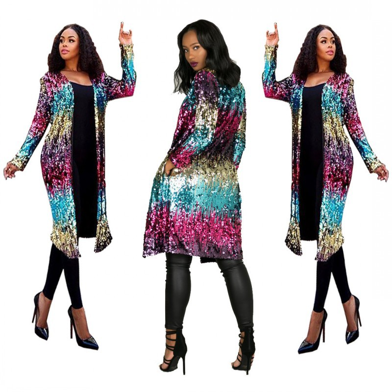 Women's clothing colorful sequins mid-length windbreaker urban casual gradient cardigan jacket_voghion.com