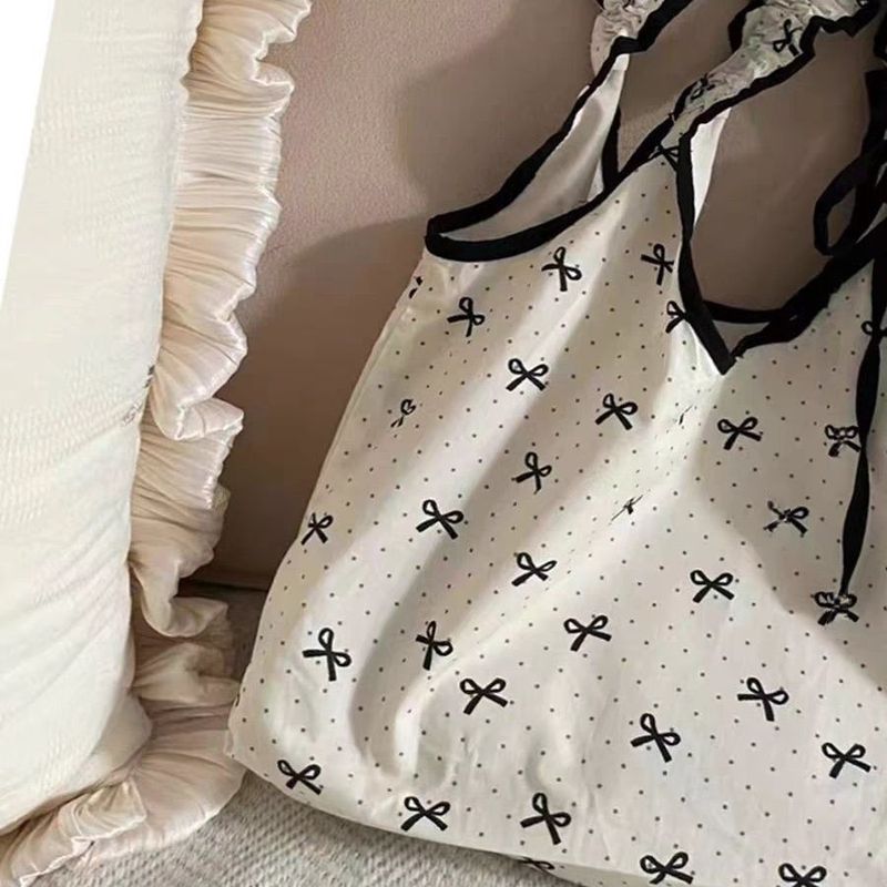 Bow Polka Dot Canvas 2025 New Women's Drawstring Pleated Tote Bag Shoulder Bag_voghion.com