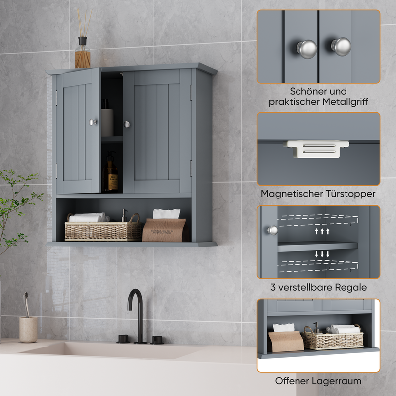 Meuble de salle de bain avec 2 portes et étagères ouvertes, armoire à pharmacie murale, étagère murale pour toilettes_voghion.com