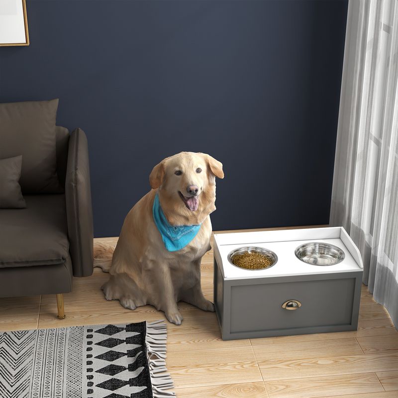 Large Elevated Dog Bowls with Storage, Raised Dog Bowl Stand, Gray_voghion.com
