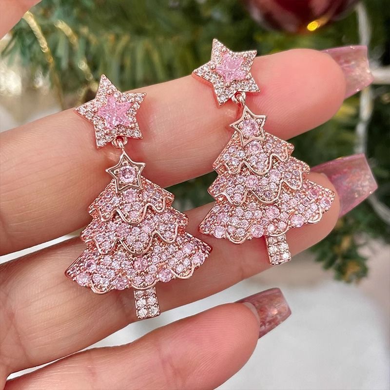 Orecchini pentagramma rosa con albero di Natale per donna, alla moda, leggeri, lussuosi, dolci e delicati, alla moda, gioielli per le orecchie_voghion.com