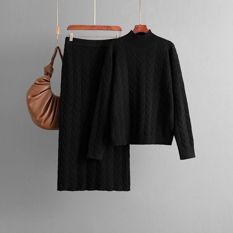 Women's Jacquard Knit Set – Mock Neck Top & Midi Skirt (One Size, Viscose-Blend, Black/Beige/Khaki/Olive/Lavender, Fall Workwear Collection)_voghion.com