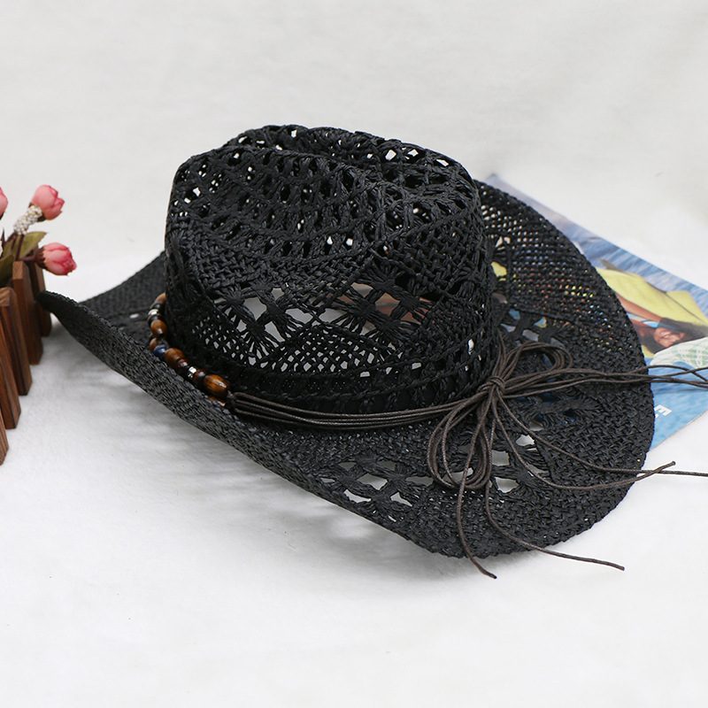 Hand-woven hollowed-out horseflower beach sunshade hats for men and women with cuffed cowboy hats_voghion.com