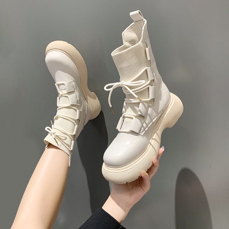 Sweet Cool Korean Style Martin For Women Winter Fleece-Lined 2025 New Knitted Stretch Sock Slimming Thick-Soled Short_voghion.com