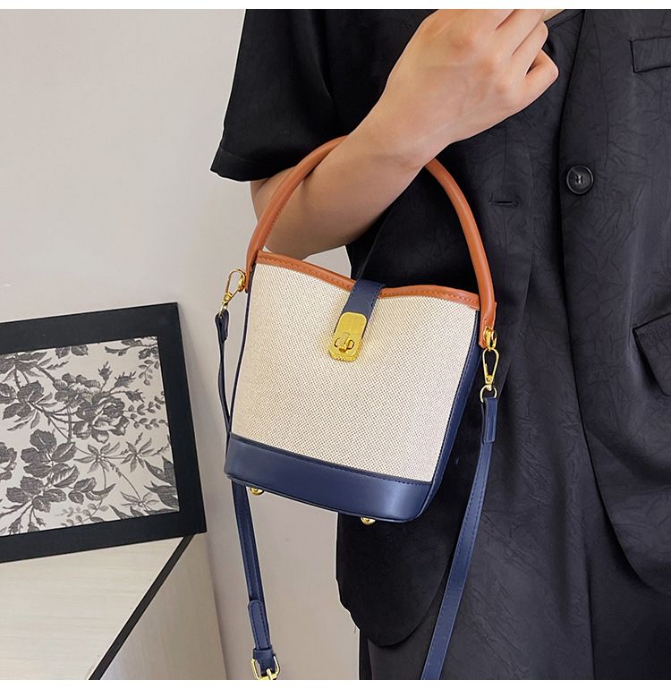 Color-Block Handheld Bucket For Women Korean Version New Fashionable Fabric Single Shoulder Crossbody Bag_voghion.com