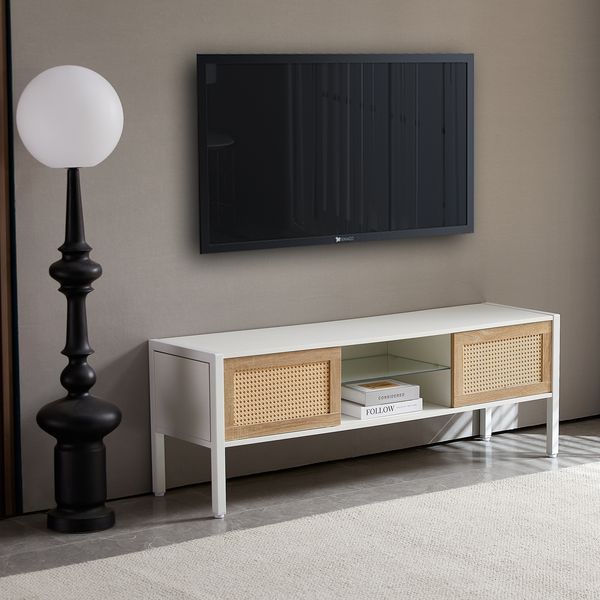 54.33' Rattan TV Cabinet With Variable Color Light Strip, Double Sliding Doors For Storage, Adjustable Shelf, Metal Legs, TV Console For Living Room_voghion.com