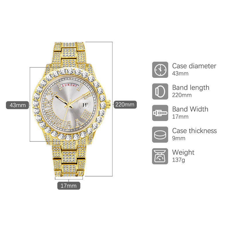 Men's Luxury Quartz Watch With Diamond Accents, Date Display & Luminous Hands, Water Resistant To 30M, Stainless Steel Case & Band_voghion.com