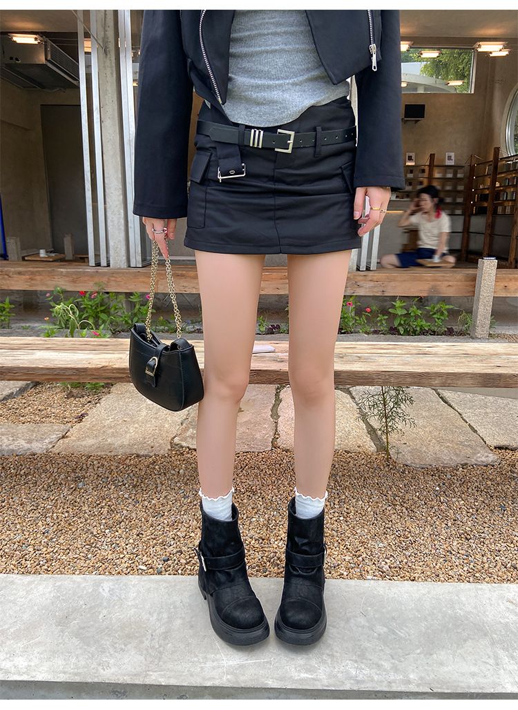 Women's Distressed Western Ankle Boots - Stacked Fold Design, Round Toe, Chunky Heel, Waterproof PU (Black, Khaki)_voghion.com