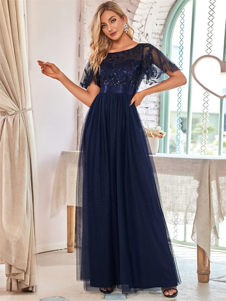 Robe De Soiree Bleščeče večerne obleke, dolge, a-kroja, O-izrez, formalne obleke s kratkimi rokavi, ženske, elegantne obleke, vestido iz tila z bleščicami_voghion.com