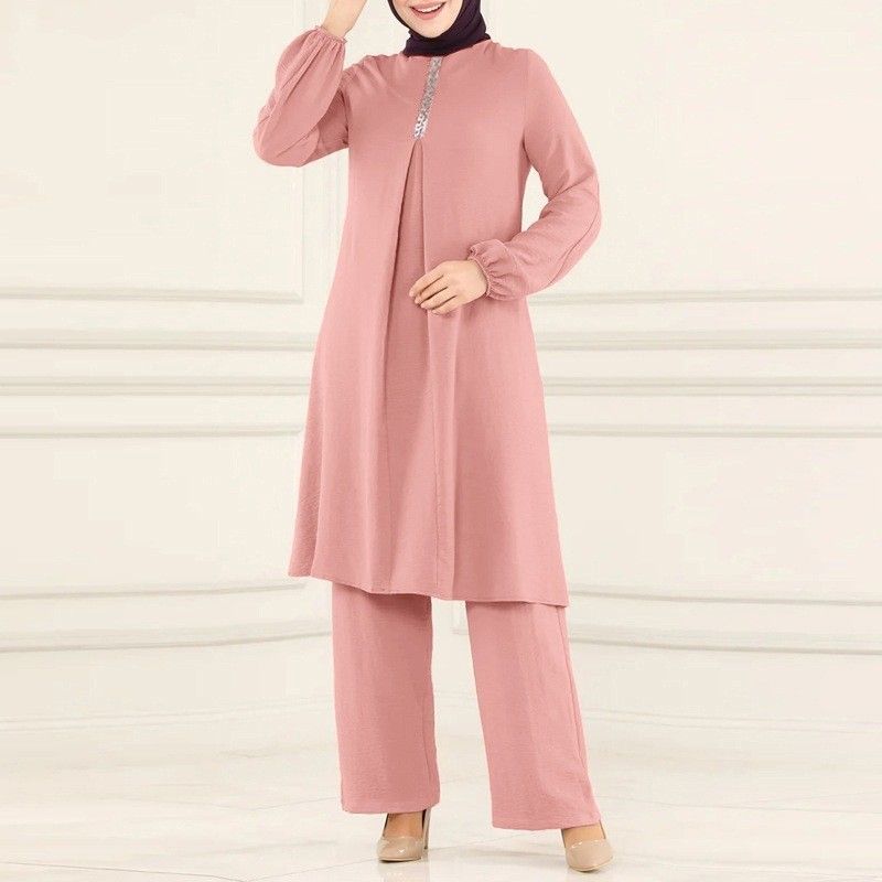 H710 Muslim Women's Spring And Autumn New Fashion Solid Color Elegant Long Sleeve Shirt Loose Wide Leg Pants Set_voghion.com