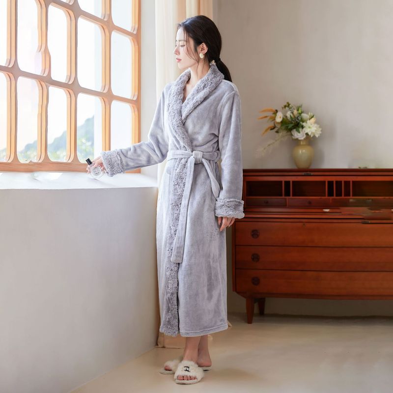 Flannel Splicing Long Lapel Long-sleeved Nightgown Warm And Comfortable Loungewear Women's Pajamas_voghion.com