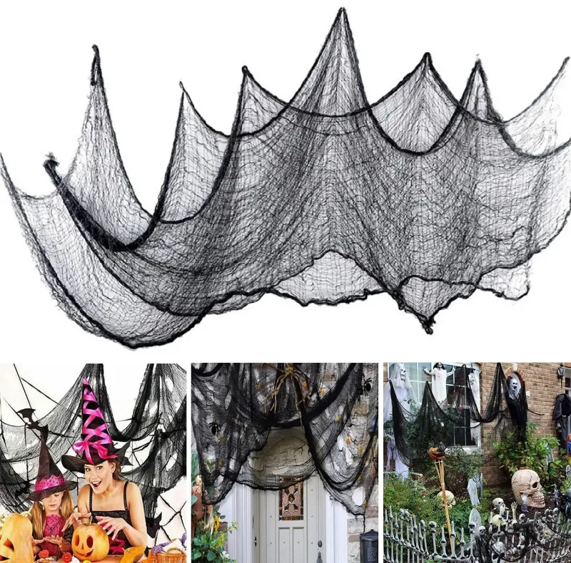 Décorations d'Halloween 76 x 183 cm, tissu de gaze noir effrayant pour fenêtre, table, porte, filet, déguisement effrayant, fête, maison hantée, décoration murale_voghion.com