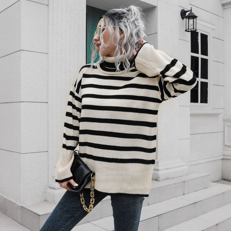 Women's mid-length sweater with striped side slit turtleneck_voghion.com