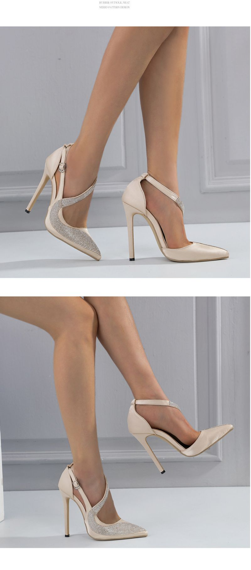 P9shoes Fashion Color Matching Shallow Mouth Single Shoes Women's Rhinestone Stiletto Pointed Black European And_voghion.com