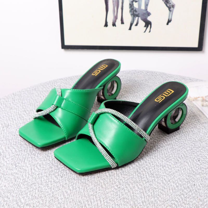 New External 2024 Single Square Head Irregular High Heel Instagram Style One Line Water Diamond Fashion Versatile_voghion.com