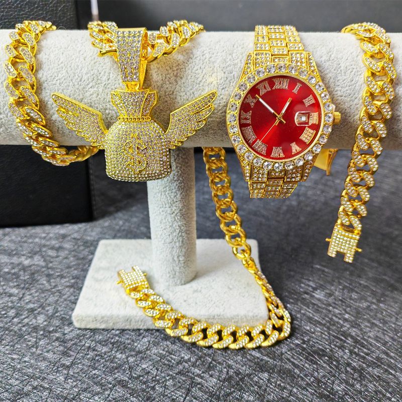 Conjunto completo de relógios de ouro hip hop com corrente cubana e diamantes, pulseira e colar com cristal líquido_voghion.com