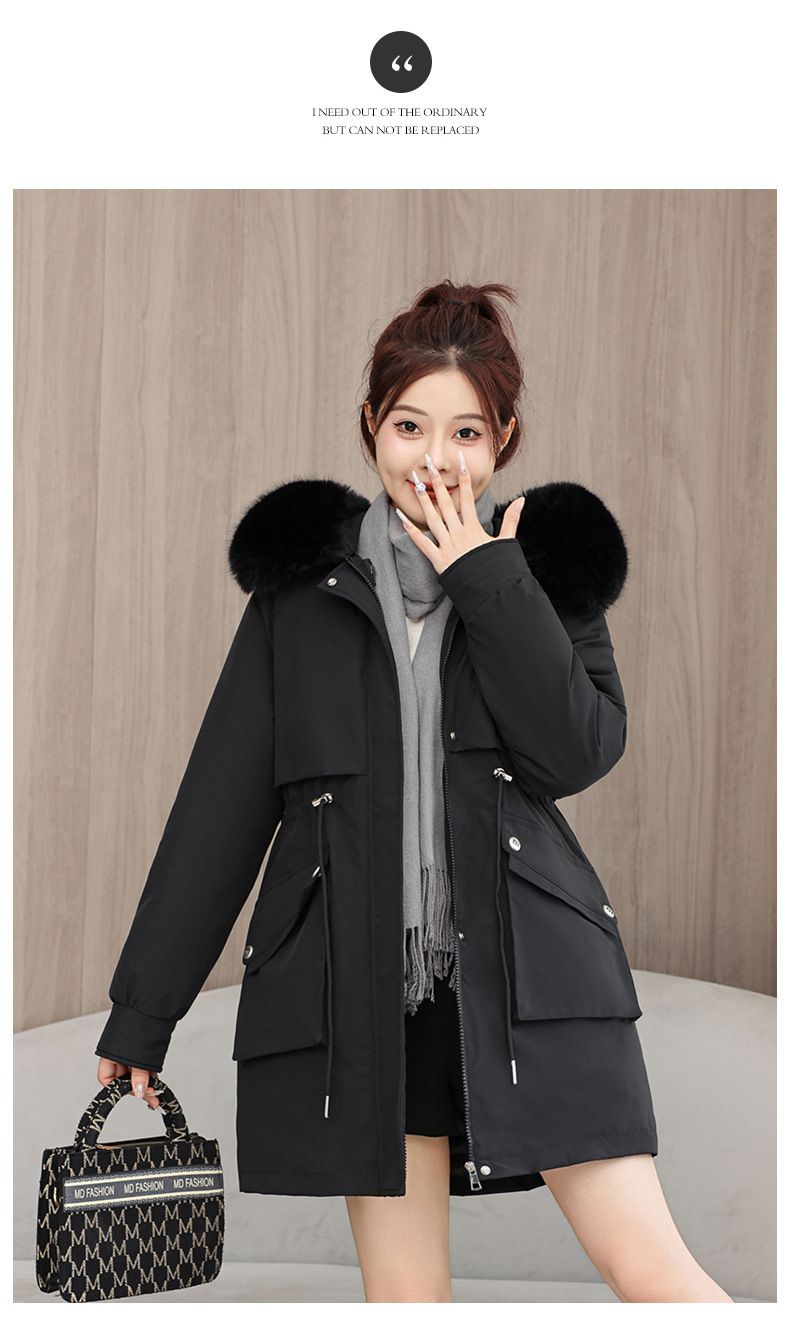 Women's Parka Coat With Detachable Faux Fur Hood, Mid-Length Winter Jacket For Ladies, Warm Quilted Polyester Outerwear With Rabbit Fur Trim_voghion.com