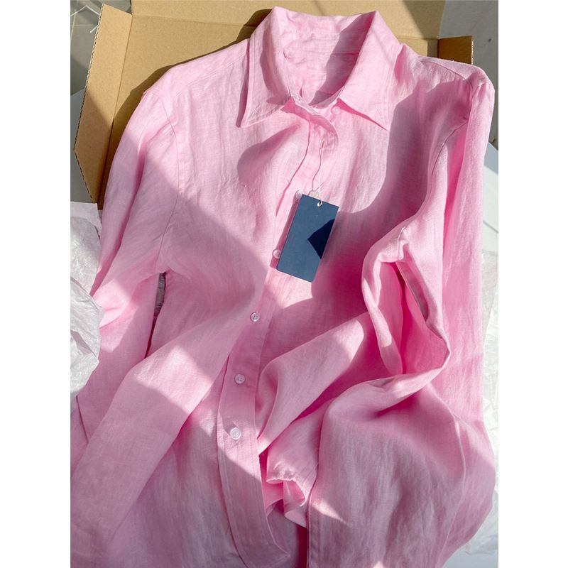 Camicia da donna in cotone e lino a maniche lunghe, stile boyfriend, rosa Ramie_voghion.com
