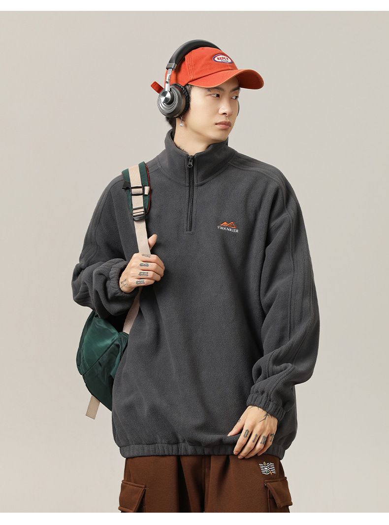 Men's Half-Zip Stand Collar Heavyweight Fleece Sweatshirt With Letter Embroidery, Thickened Casual Pullover For Spring_voghion.com
