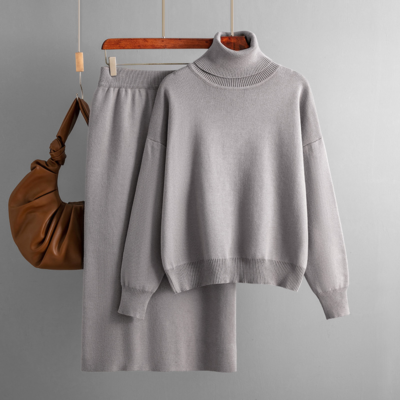 Women's clothing Solid color turtleneck sweater half-body hip-hugging skirt two-piece set knitted suit for women_voghion.com