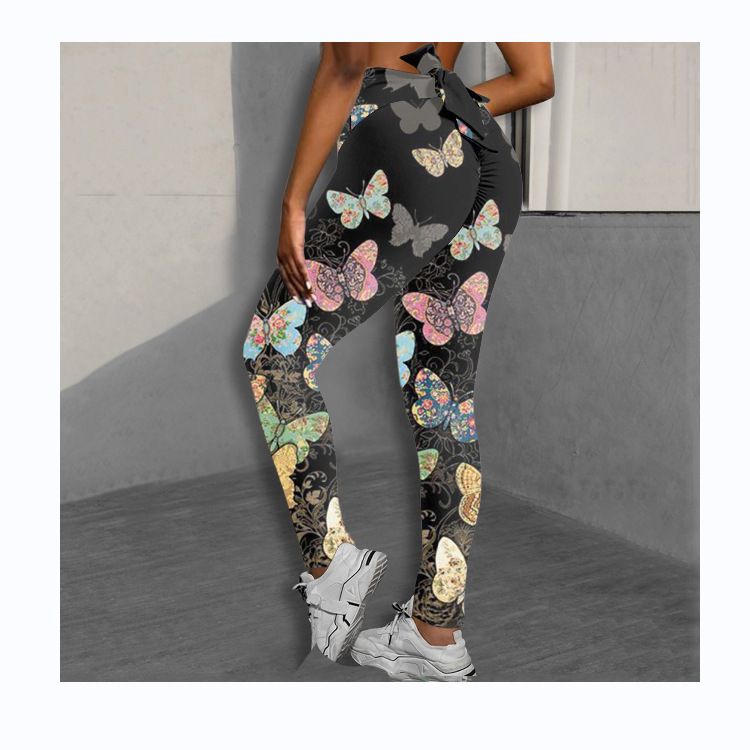 Pantaloni da yoga da yoga da donna con stampa multicolore antirughe sull'anca, dimagranti a vita alta, con fiocco elasticizzato_voghion.com