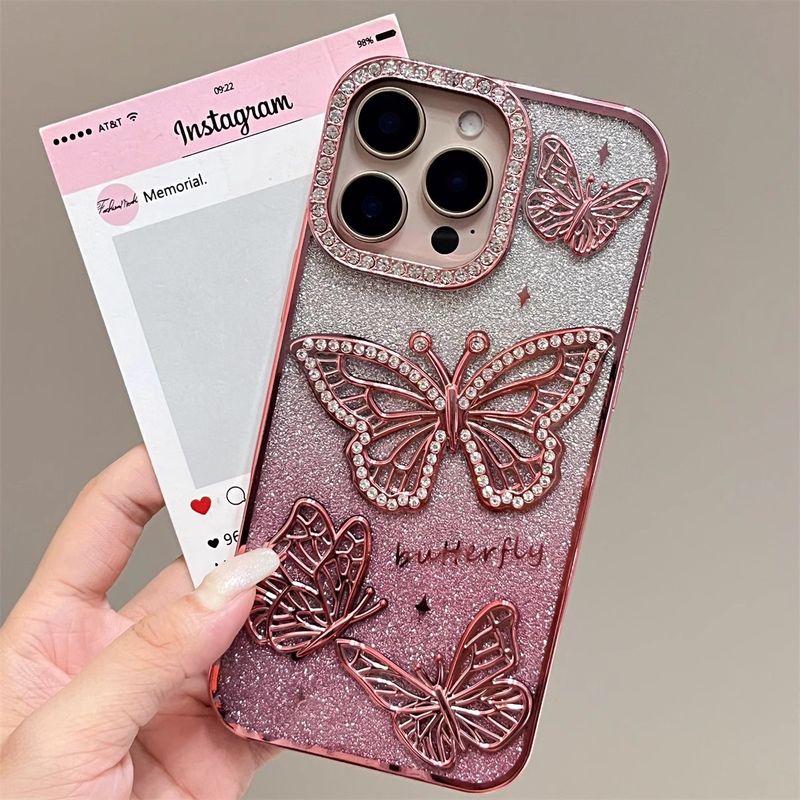 TechGlobe Gradient Glitter 3D Butterfly Case For 17 Pro Max IPhone 15 Diamond-Encrusted 14 Internet Celebrity_voghion.com