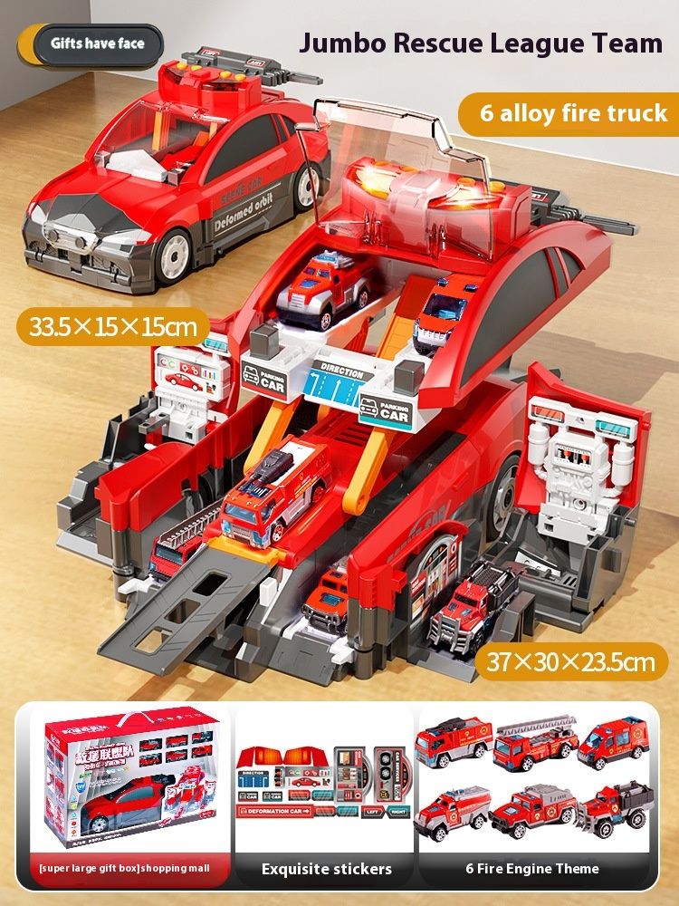 Neue Aufbewahrungsszene für Kinder, Feuerwehr, Polizei, Verformung, Auswurfschiene, Parkplatz, Ton und Licht, Puzzle, Modell, Spielzeugauto_voghion.com
