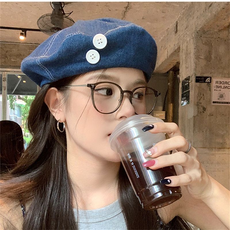 Denim für Frauen Koreanische Version Vielseitige Knopf Baskenmütze Künstler Nischendesign Großer Kopfumfang Hut Gesicht Abnehmen_voghion.com