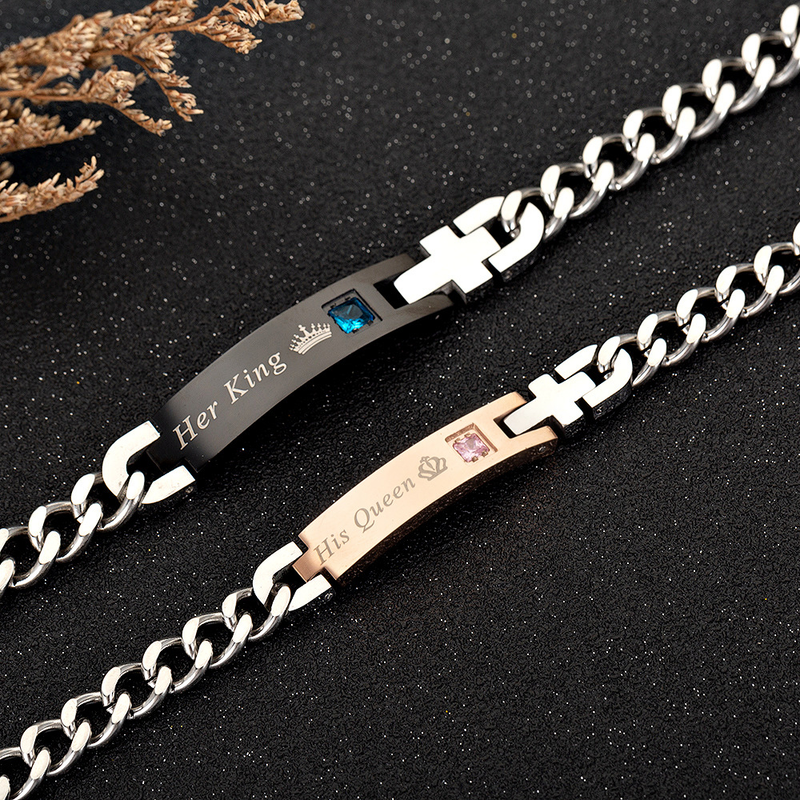 Pulsera de pareja de circonitas explosivas de acero y titanio Pulsera de corona REY REINA_voghion.com