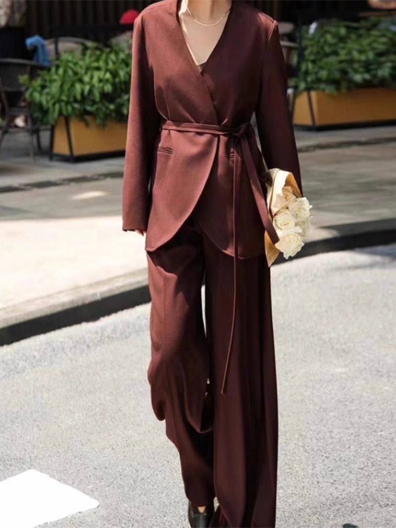 French Old Money Style Women's Autumn Ancora Red High-End Casual Collarless Blazer Wide-Leg Pants Two-Piece Set_voghion.com