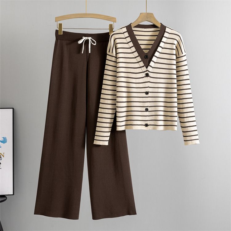 Women's Clothing spring new suits for women, contrasting stripes, double V neck knitted cardigan tops, wide leg pants, two piece suit_voghion.com