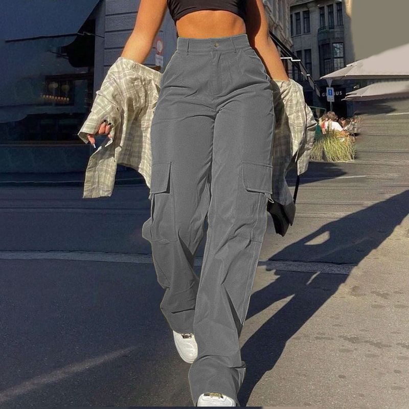 Roupas femininas Moda de rua Macacão com vários bolsos Calça reta Cintura alta Macacão solto slim_voghion.com