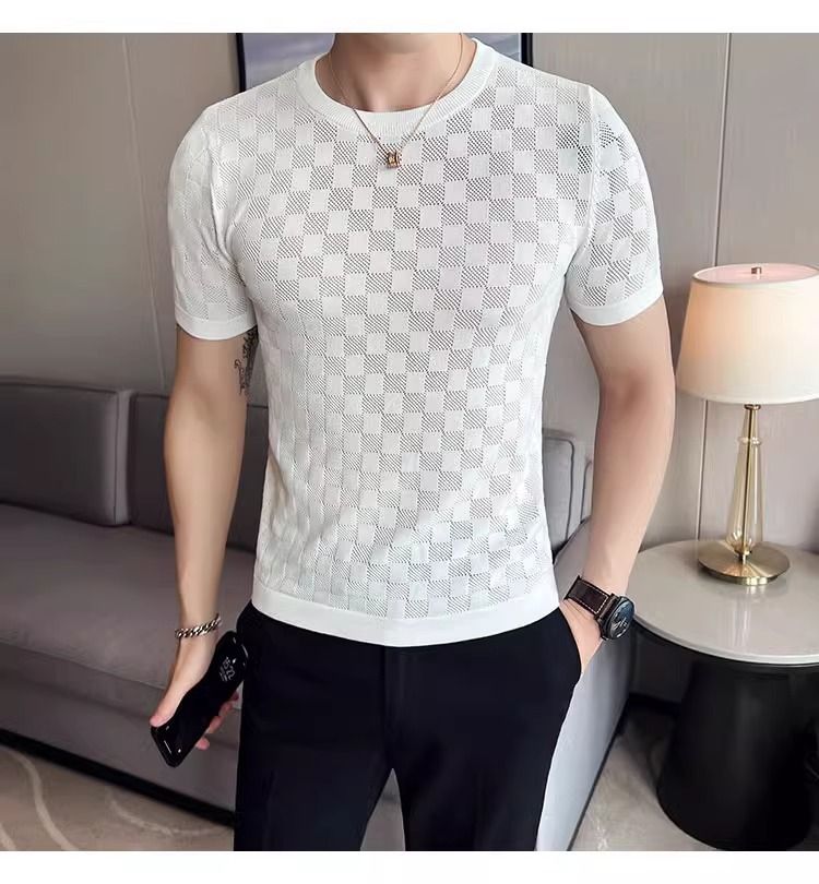 Maglione estivo a maniche corte da uomo, in seta ghiacciata traforata, a quadri, traspirante, slim fit, per attività commerciali._voghion.com