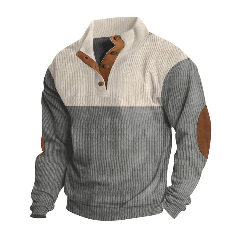 Felpa con risvolto color block casual da uomo, autunno e inverno 2025, taglie forti, in velluto a coste con collo alto_voghion.com